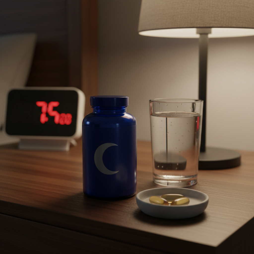 A serene sleep support and nighttime wellness scene on a dark walnut bedside table featuring an unbranded navy-blue supplement bottle with a crescent-moon icon, a small ceramic dish holding a few softgels, and a glass of water with a faint reflection of nearby light. In the softly blurred background, a digital alarm clock shows an indistinct time and a fabric-covered lamp casts a warm, diffused glow. The lighting is low and cozy, with gentle highlights glinting off the bottle and water surface, leaving soft-edged shadows. Shot at eye level with a shallow depth of field, the composition uses the rule of thirds to keep the bottle as the focal point. The mood is calm, restful, and reassuring, with photographic realism and a modern, lifestyle-oriented aesthetic.