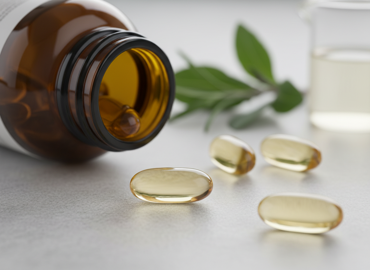 A focused close-up of a translucent capsule poured from an unbranded amber supplement bottle onto a smooth, light gray stone surface, with several capsules scattered naturally around it. In the softly blurred background, out-of-focus botanical elements like green leaves and a small glass beaker with pale liquid suggest natural ingredients and formulation science without becoming the main subject. Gentle, diffused daylight from the right highlights the glossy capsule shells and subtle reflections on the stone, casting faint, crisp shadows. Shot with a macro lens and very shallow depth of field, the primary capsule is intensely sharp, emphasizing purity and quality. The atmosphere is clinical yet natural, combining photographic realism with a modern, ingredient-focused aesthetic.