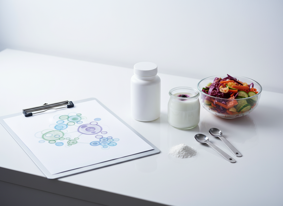 A detailed gut health concept scene on a white laboratory-style bench featuring an unbranded white probiotic bottle, a small glass jar with yogurt, a clear bowl of colorful fermented vegetables, and a clipboard showing a softly blurred microbiome diagram with overlapping circular shapes instead of readable text. A pair of stainless-steel measuring spoons rest near a small mound of fine white powder. Cool, bright, diffused studio lighting from above and slightly to the left creates a clean, clinical feel with subtle shadow definition. Captured at a slightly elevated angle with moderate depth of field, all key elements remain in focus. The mood is scientific, organized, and reassuring, expressed through photographic realism and a professional, evidence-based aesthetic.