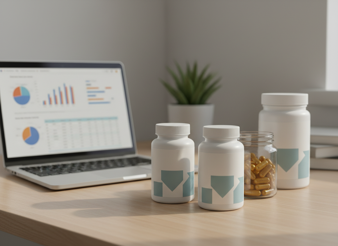 A clean, well-organized supplement comparison scene on a light wood desk, showing three distinct, unbranded white pill bottles with matte labels, a translucent jar of capsules, and a slim tub of powdered supplement arranged in a gentle arc. A modern laptop off to the side displays a softly blurred rankings chart and bar graphs, emphasizing analysis without legible text. Diffused daylight from an unseen window washes across the surface, creating soft reflections and calm shadows. Shot at eye level with a shallow depth of field, the front bottles are in crisp focus while the background gently blurs. The mood is professional, trustworthy, and research-driven, with photographic realism and a clean, modern aesthetic that suits an evidence-based supplement review site.