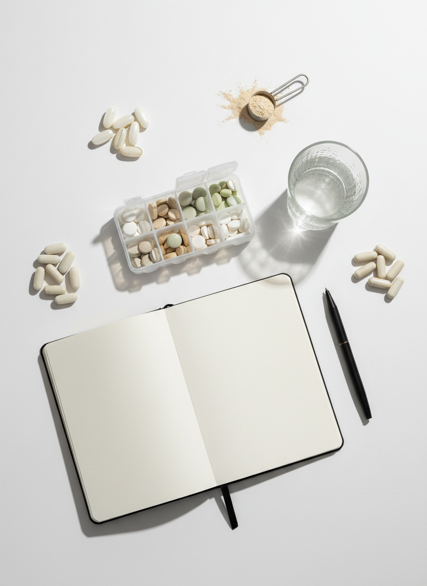An overhead, flat-lay composition of unbranded wellness supplements neatly arranged on a matte white background: a weekly pill organizer filled with various neutral-colored tablets, a clear glass of water with tiny condensation droplets, a minimalist notebook open to a blank page, and a black metal pen aligned parallel to its spine. Small piles of capsules, softgels, and powder scoops are placed with intentional spacing, forming subtle geometric patterns. Soft studio lighting from the top left creates delicate shadows and a sense of depth without harsh contrasts. The mood is orderly, calm, and informative, with photographic realism and a minimalist, editorial feel that reflects objective supplement planning and daily wellness routines.